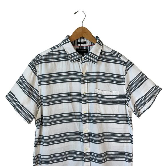 Banana Republic Mens Cotton Striped Short Sleeve Button Up White Gray Large - Picture 3 of 6